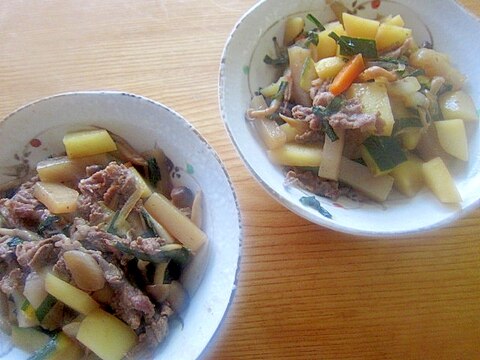 豚肉と蒟蒻の葱肉じゃが人参煮